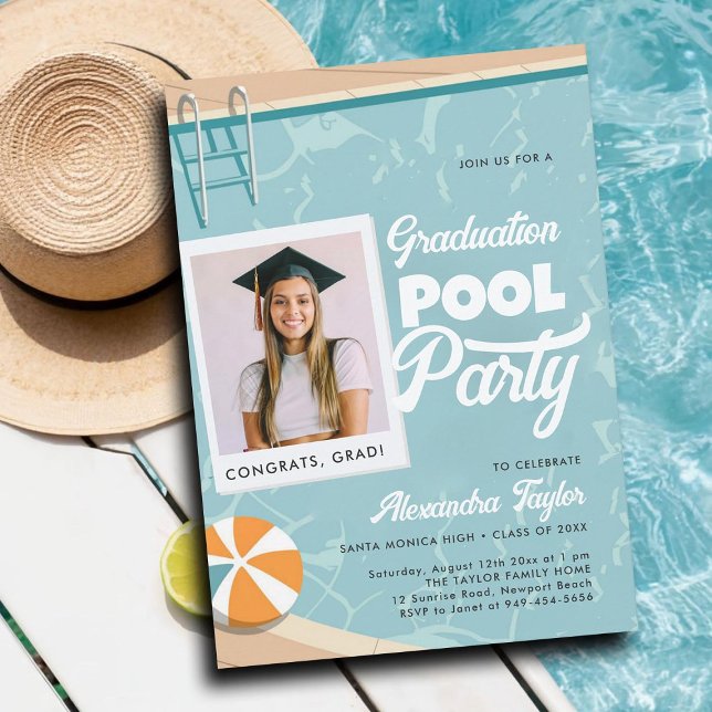 Convites Foto do Elegante de Verão Moderno do Partido da Pi (graduation pool party invitations grad photo template cards summer calligraphy modern teal elegant)