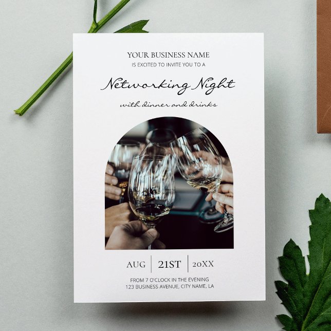 Convites Foto do evento Business Networking Dinner & Drinks (Modern business networking event photo invitation with trendy script font and one arch framed photo)