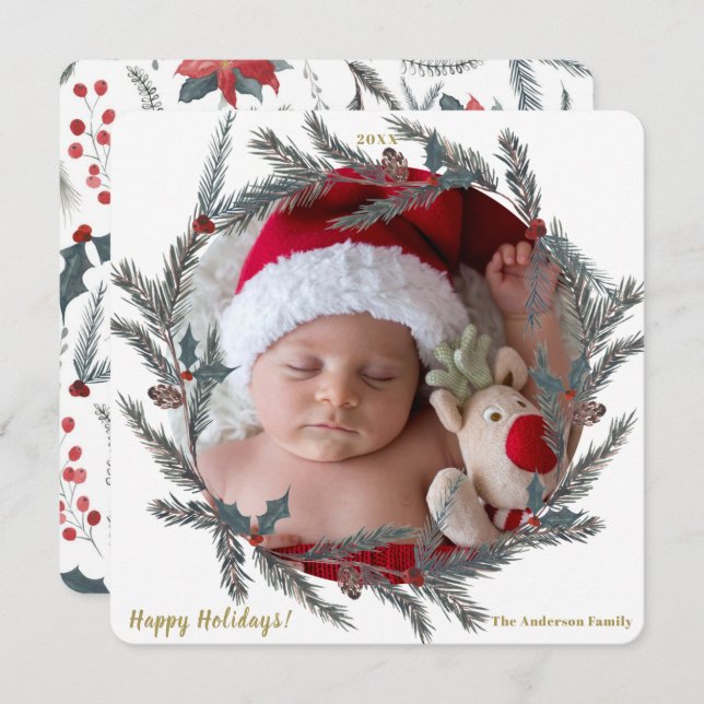 Convites Foto do Feriado de Férias do Wreath de Pine Botâni (Frente/Verso)