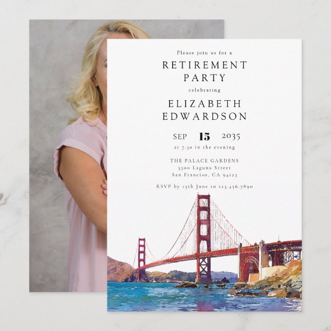 Convites Foto do Festa de Aposentadoria com Aquarela de São (Frente/Verso)