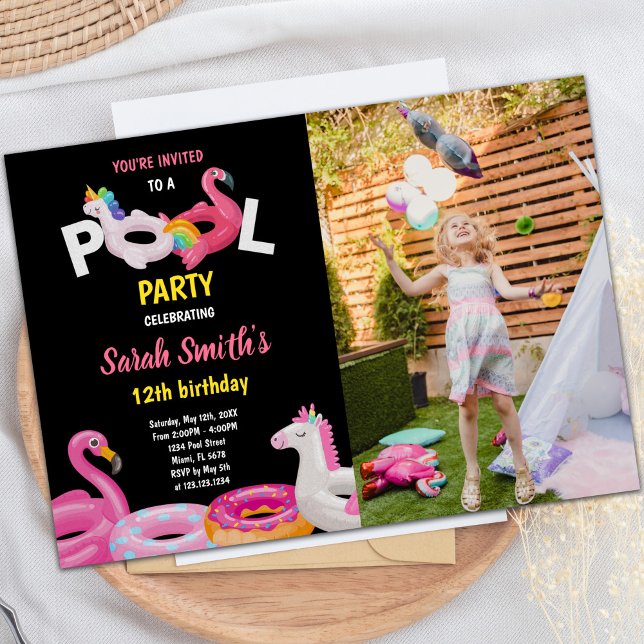 Convites Foto do Flamingo Unicorn Piscina Birthday (Flamingo Unicorn Pool Birthday Invitations photo)