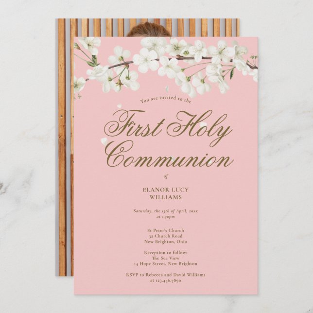 Convites Foto do Flor Branco da Primeira Comunhão Rosa (Frente/Verso)