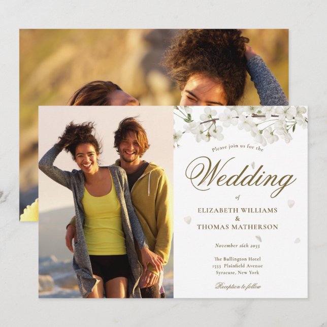 Convites Foto do Flor Branco do Script Dourado Elegante 2 (Frente/Verso)