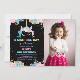 Convites Foto do Floral Gillter Unicorn Birthday Invtions