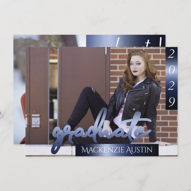 Convites Foto do formando 2 | Marinho Script Dark Blue Keep (Frente/Verso)