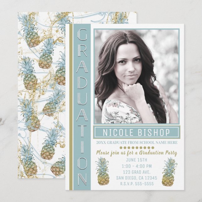 Convites Foto do Formando de abacaxi tropical (Frente/Verso)