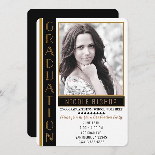 Convites Foto do Formando de Festa de formatura Dourada pre (Frente/Verso)