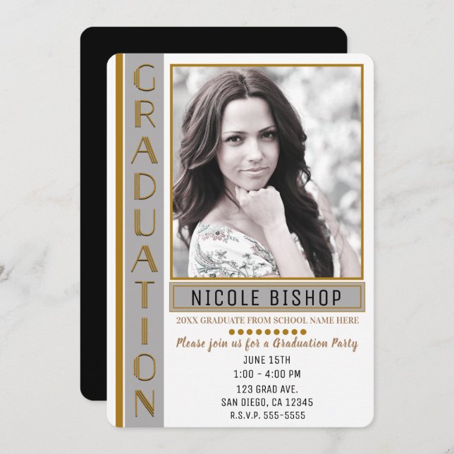 Convites Foto do Formando Dourado da Cinza moderna (Frente/Verso)
