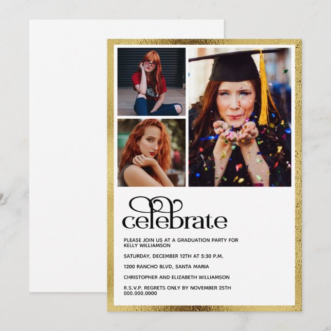 Convites Foto do Formando Dourado de Graduação (Frente/Verso)