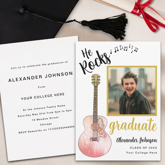 Convites Foto do Formando Moderno Ele Rocha Festa de format (Cool he rocks rustic guitar country music graduation party invitation with graduate photo template )