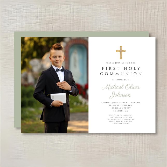 Convites Foto do Garoto da Cruz Verde Sage Primeira Comunhã (Sage Green Cross Photo Boy First Communion Invitation)
