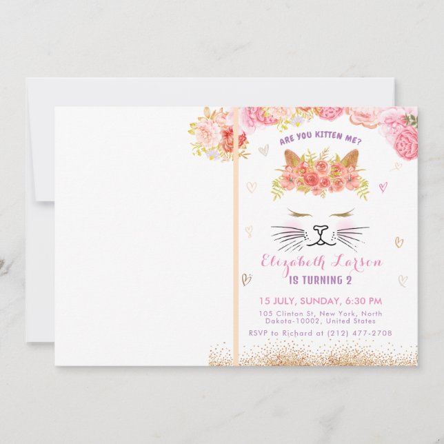 Convites Foto do Gatinho Floral Festa de Ouro para Crianças (Frente)