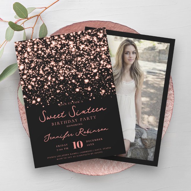 Convites Foto do Glam da Meia-Noite de rosa Dourado Sweet 1 (Rose Gold Midnight Glam Photo Sweet 16 Invitation)