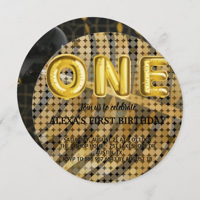 Convites Foto do Luxury Aniversário de disco Dourado e negr (Frente/Verso)