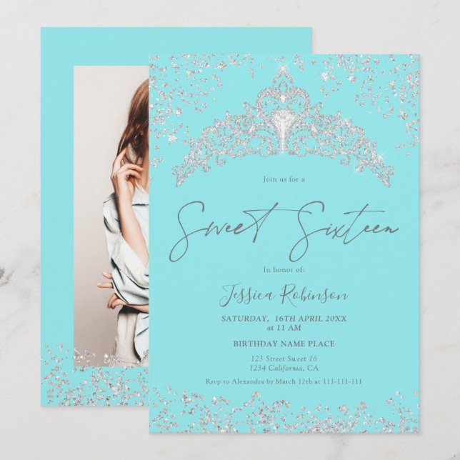 Convites Foto do marinho da princesa tiara, dourada 16 Doce (Frente/Verso)