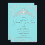 Convites Foto do marinho da princesa tiara, dourada 16 Doce<br><div class="desc">A princesa chica tiara coroa coroa em forma de cintilação prateada e foto azul-lacre Doce 16 festa de aniversário,  com caligrafia com script chic. Adicione sua foto atrás. Entre em contato comigo para mudar a fonte principal.</div>