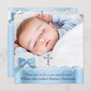 Convites Foto do Menino Batismo Blue White Lace Jewel Cross