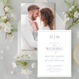 Convites Foto do Monograma da Caligrafia Azul Elegante