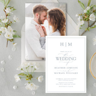 Convites Foto do Monograma da Caligrafia Azul Elegante