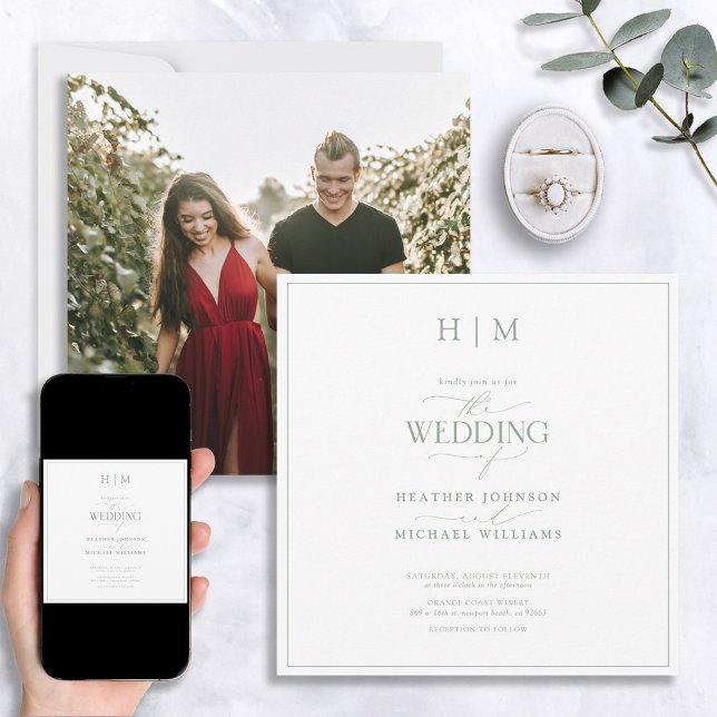 Convites Foto do Monograma da Caligrafia Verde Elegante Sag (Criador carregado)