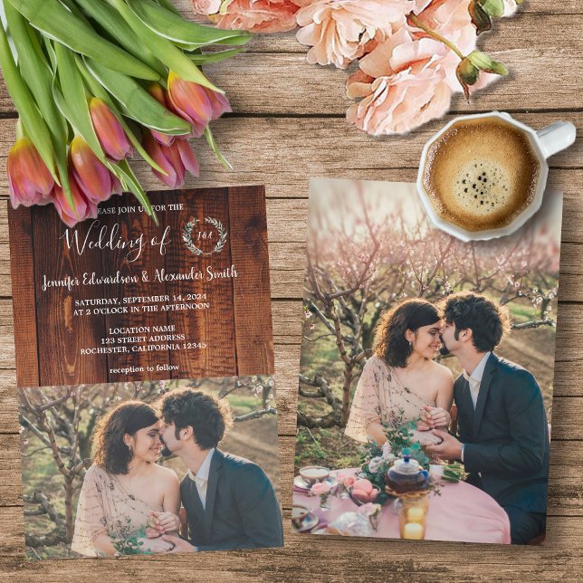 Convites Foto do monograma de madeira de celeiro russo Casa (Rustic barn wood monogrammed photo country wedding invitation. )