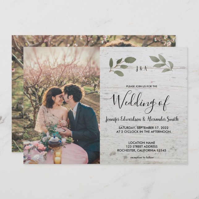 Convites Foto do monograma de madeira rustica Casamento (Frente/Verso)