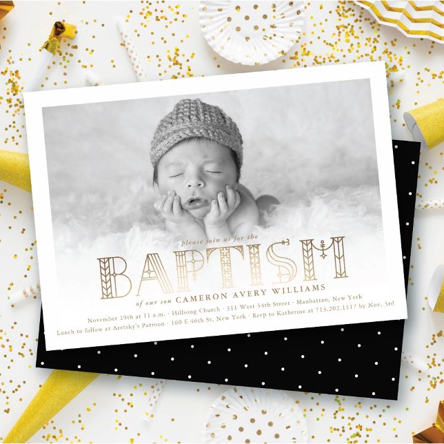 Convites Foto do Na moda do Batismo Boho Elegante Faux Gold (Boho Elegant Faux Gold Foil Stylish Chic Modern Baptism Religious Photo Invitation @ fat_fa_tin)