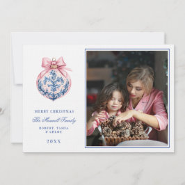 Convites Foto do Ornamento do Damasco do Avô, Rosa e Azul