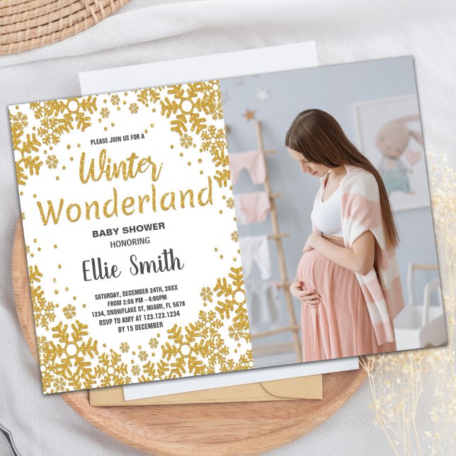 Convites Foto do Ouro do Winter Baby Shower (Winter Baby Shower Invitations Golden Photo)