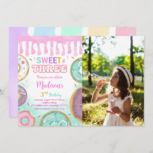 Convites Foto do Partido da Rosquinha Rosa aniversário de 3