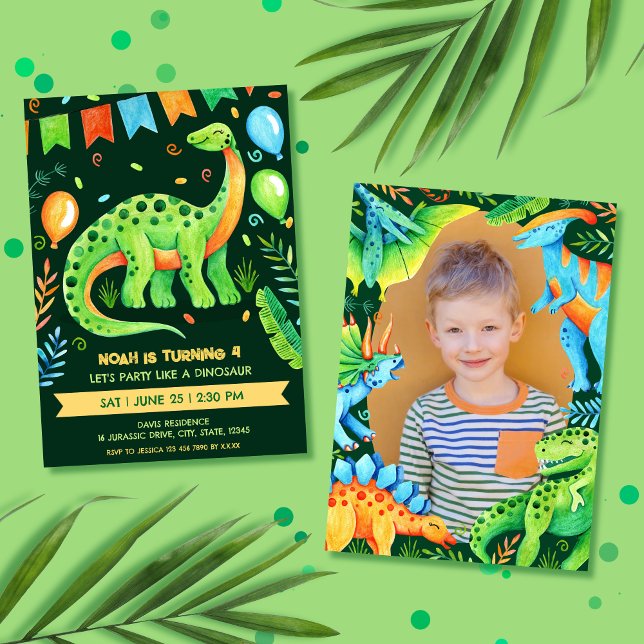 Convites Foto do Partido Dinossauro do Brontossauro Jurássi (Brontosaurus Cute Dinosaur Boys Birthday Invitation)