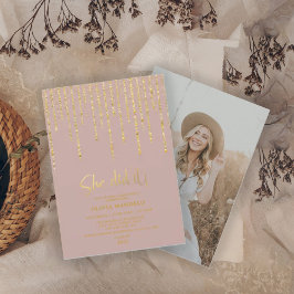 Convites Foto do Partido do Formando Glitter Dourado Rosa d