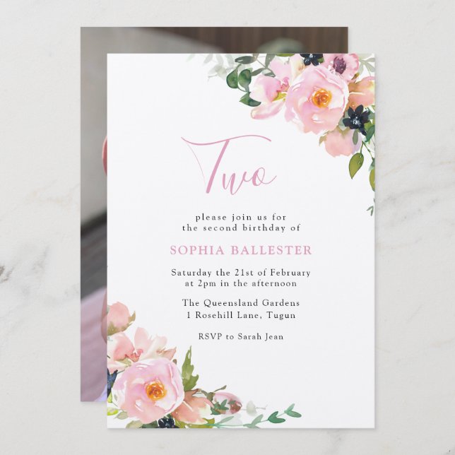 Convites Foto do Partido do segundo aniversário de Meninas  (Frente/Verso)