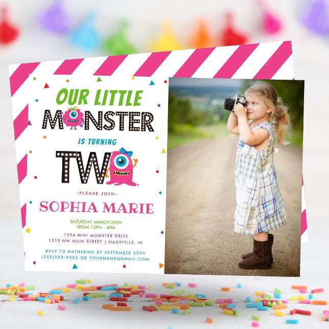 Convites Foto do Partido do segundo aniversário de Monstro  (Cute Girls Pink Monster 2nd Birthday Party Photo Invitation)