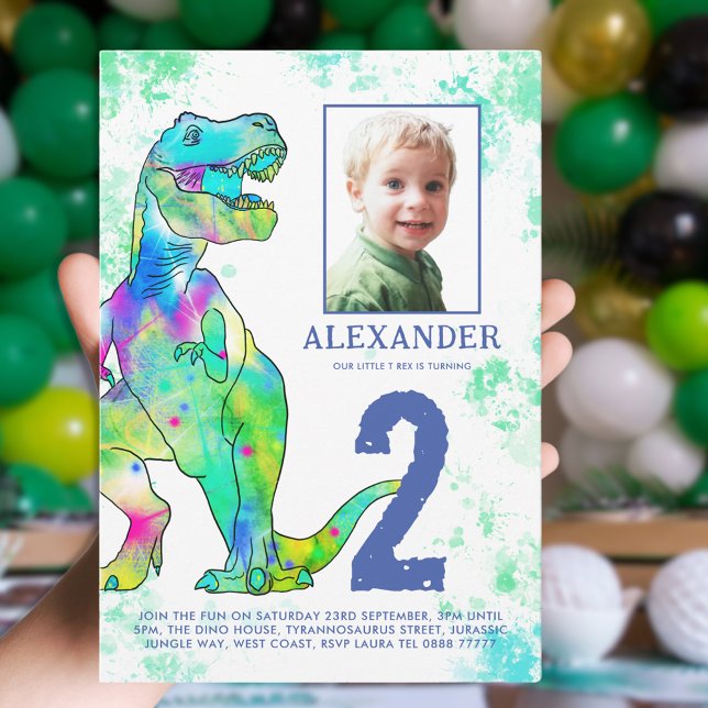 Convites Foto do Partido do segundo aniversário Dinossauro (Dinosaur T-Rex photo template boys fun birthday party green and blue )