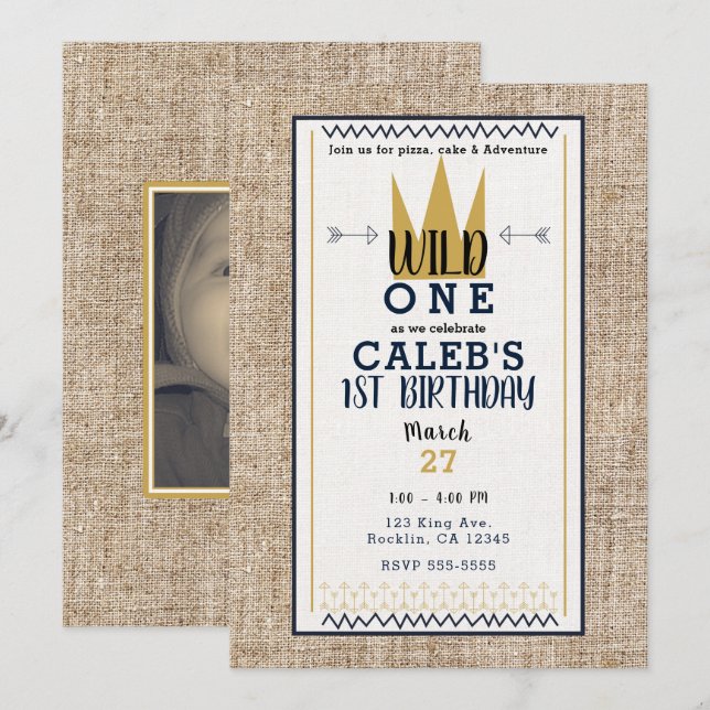 Convites Foto do Partido King Wild ONE Thing Dourado Crown  (Frente/Verso)