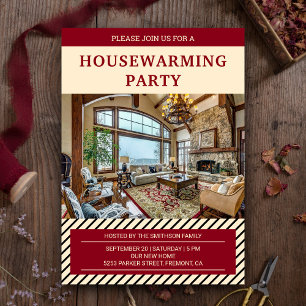 Convites Foto do Partido Modern Red and Beige Housearming