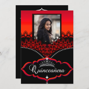 Convites Foto do Partido Quinceanera Red Black Lace Girl
