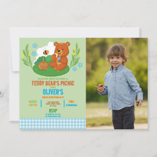 Convites Foto do Picnic Birthday Park Blue do Teddy Bear