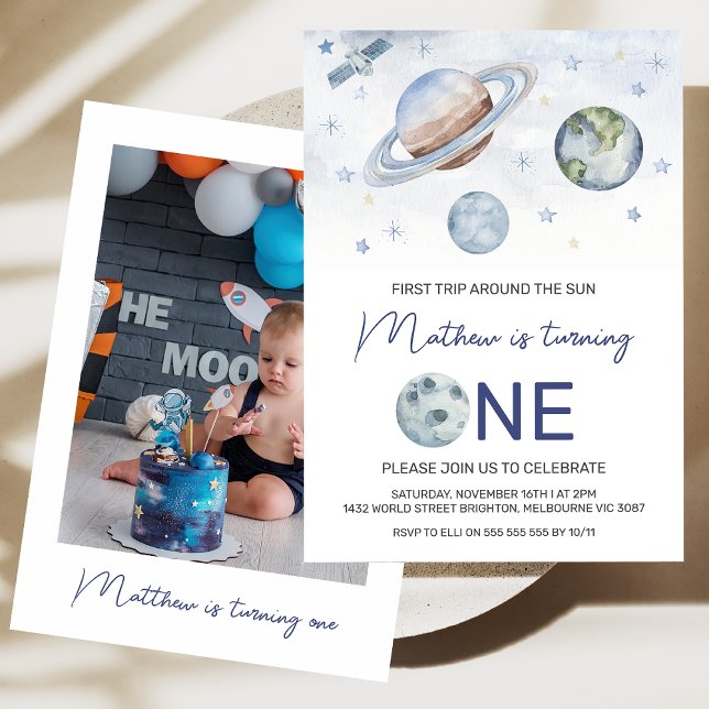 Convites Foto do Planeta 1rua em volta do Sol Aniversário (Simple Planets Photo First Trip Around the Sun 1st Birthday Invitation, 1st trip Around the Sun )