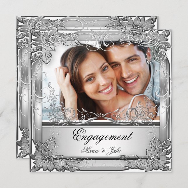 Convites Foto do Prata Branco da festa de noivado (Frente/Verso)