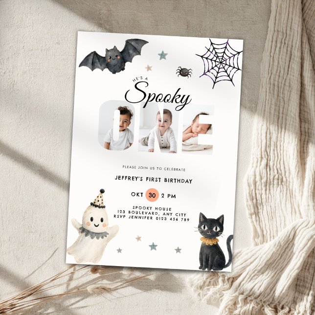 Convites Foto do primeiro aniversário assustador de Hallowe (Spooky one first birthday invitation for halloween with photos of your little boy.)