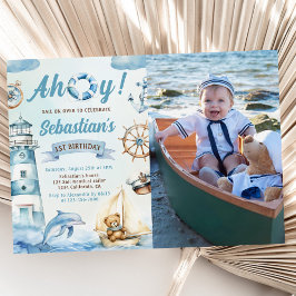 Convites Foto do primeiro aniversario Azul de Barco Náutico