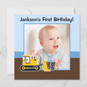 Convites Foto do primeiro aniversario azul marrom