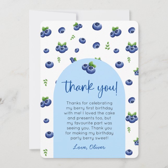 Convites Foto do primeiro aniversario Blueberry Obrigado (Frente)