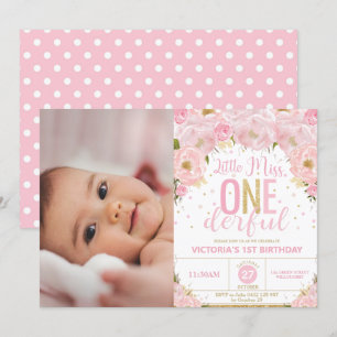 Convites Foto do primeiro aniversario Blush Floral Miss One