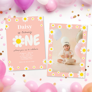 Convites Foto do primeiro aniversario Boho Pink Cute Daisy 