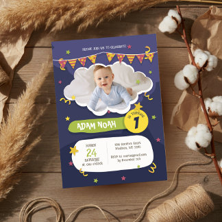 Convites Foto do primeiro aniversario Bold Purple Green Con