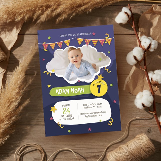 Convites Foto do primeiro aniversario Bold Purple Green Con (Criador carregado)