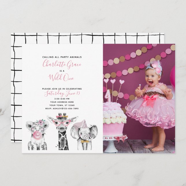 Convites Foto do Primeiro Aniversário da Black White Wild O (Frente/Verso)